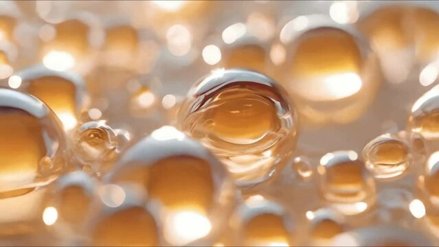 Beige color close up of shiny face serum molecules animation