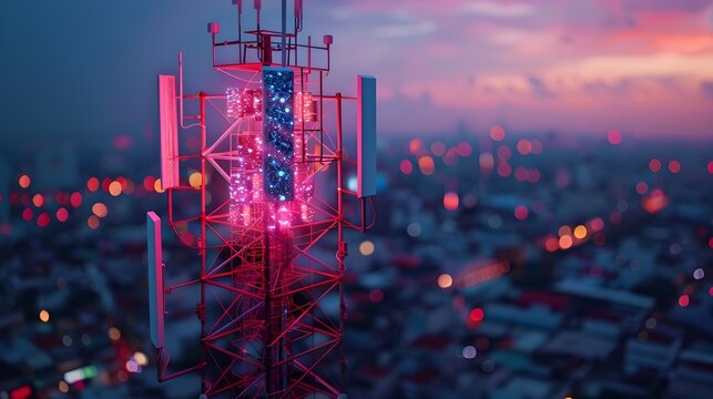 Futuristic 5G Network Tower Enhancing Urban Communication Infrastructure with Digital Connectivity Streams