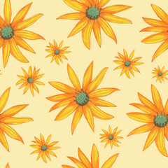 Topinambur Flower Seamless Pattern. Hand Drawn Floral Digital Paper on Yellow Background.
