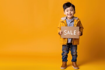 A Young Boy Holding A Sale Sign In Front Of A Vibrant Yellow Background. Generative AI