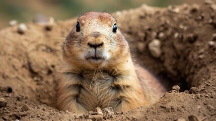 Obraz premium A close-up photo of a prairie dog peeking out of its burrow with a watchful eye