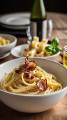 Carbonara pasta with the aroma of bacon and Parvesan cheese