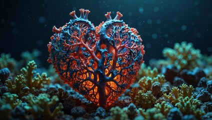 Obraz premium Illustration of Ocean's Heart Coral in form of the heart Ecosystem Vitality concept, soul of the sea Nature and environment protection, eco friendly.