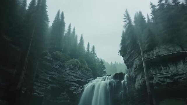Picturesque waterfall in a dense forest with fog and rocks.