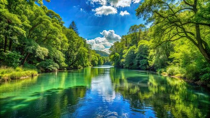 Obraz premium Lush green forest with clear blue skies and a tranquil river flowing through it, eco-friendly, earth, natural, setting