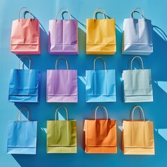 A Dozen Colorful Paper Bags on a Bright Blue Wall. Generative AI