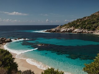 Beautiful sunny coast view to an amazing paradise holiday bay with crystal clear blue water sandy beach, Seychelles, Ikaria island, Greece.