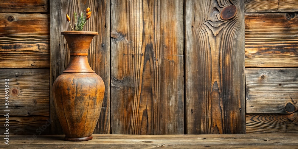 Wall mural Wooden vase on old wooden wall background, capturing old memories, wood, vase, background, nostalgia, vintage, antique, rustic