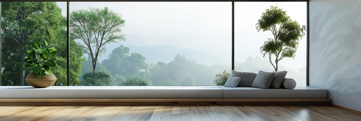 a room with a window and a view of the forest