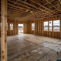 a room with wood framing and windows