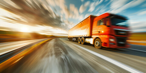 semi-trailer / truck  on the road. travelling at speed through a bend. motion blur
