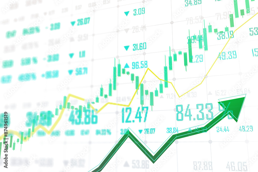 Poster abstract financial chart with upward trending arrow and candlestick graphs, on a bright background, 