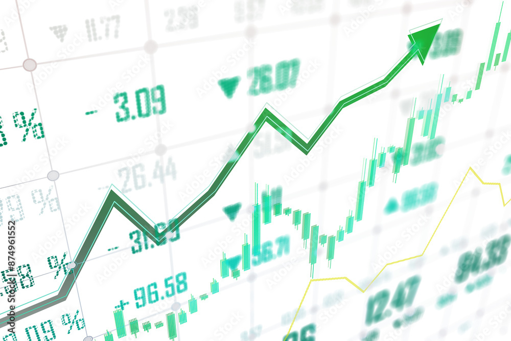 Poster a digital image depicting stock market graphs with upward and downward trends, overlapping on a soft