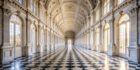 Obraz premium Luxurious corridor perspective with marble floors, gallery, and windows in Reggia di Venaria Reale, Italy