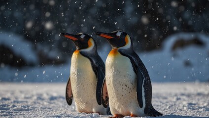 Penguin couple on Christmas on snowy icy backgrounds with copy space.