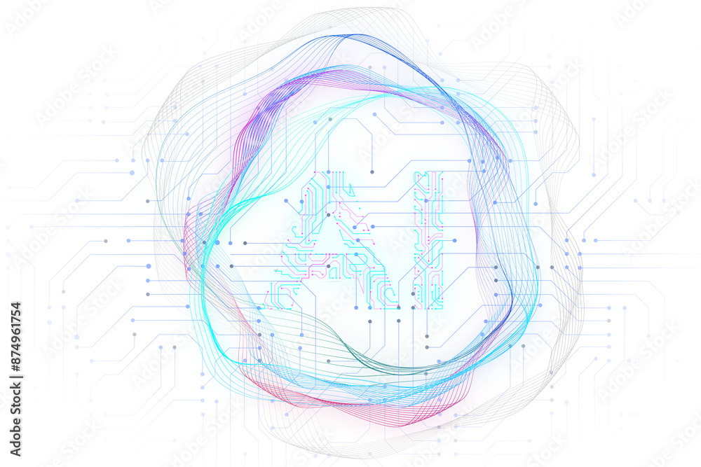 Leinwandbilder Isolated AI symbol adorned with complex circuit layout on a white background. Surrounded by colorful, flowing elements 3D rendering.