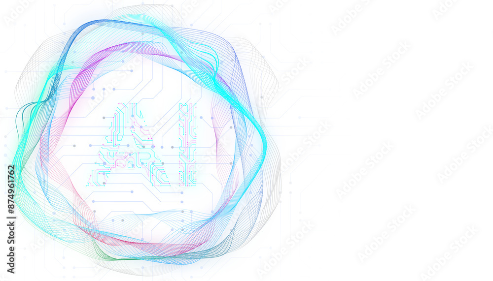 Aufkleber AI symbol adorned with complex circuit layout on a white background. Surrounded by colorful, flowing elements 3D rendering.