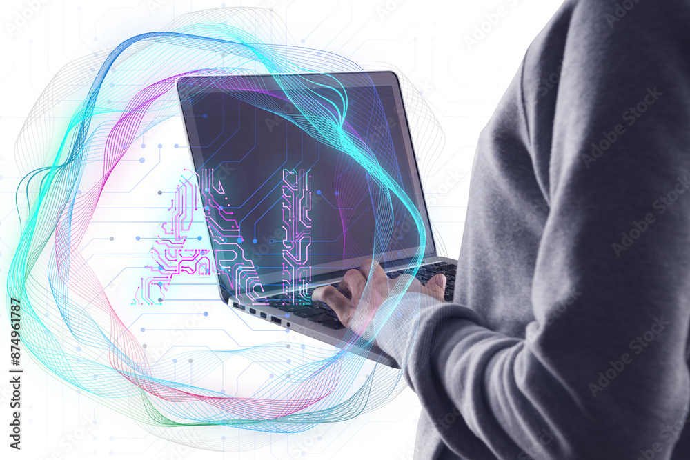 Leinwandbilder A person using a laptop with colorful abstract digital waves overlayed symbolizing technology and data on a white background