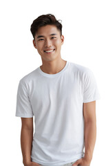 Fototapeta premium Attractive young korean man wearing white shirt, smiling and looking at the camera, isolated, transparent background, no background. PNG.