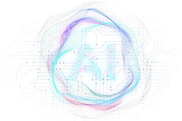 Isolated AI symbol adorned with complex circuit layout on a white background. Surrounded by colorful, flowing elements 3D rendering.
