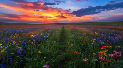 Fototapeta premium A colorful sunset casting long shadows across a field of wildflowers on the prairie