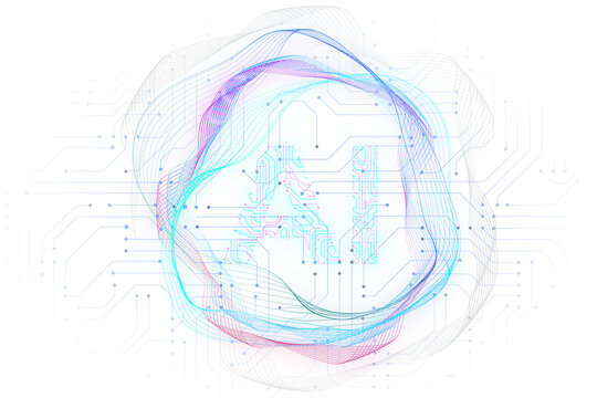 Isolated AI symbol adorned with complex circuit layout on a white background. Surrounded by colorful, flowing elements 3D rendering.