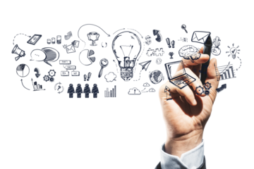 A hand drawing various business and communication symbols in doodle style on a white background, representing brainstorming and planning concepts