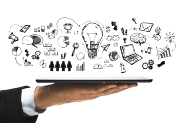 A hand holding a tablet with a variety of doodle drawings representing ideas and concepts floating above it, on a white background