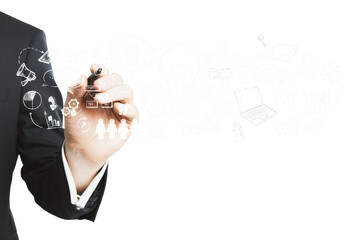 A person in a suit writing on a transparent screen with various business and strategy icons, on a...