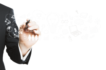 A person in a suit writing on a transparent screen with various business and strategy icons, on a white background, concept of planning and organization