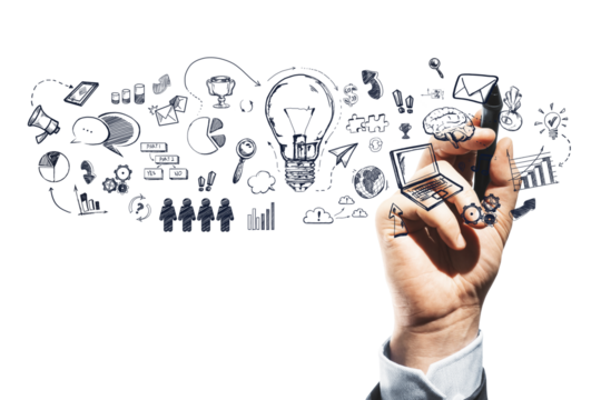 A hand drawing various business and communication symbols in doodle style on a white background, representing brainstorming and planning concepts - Powered by Adobe