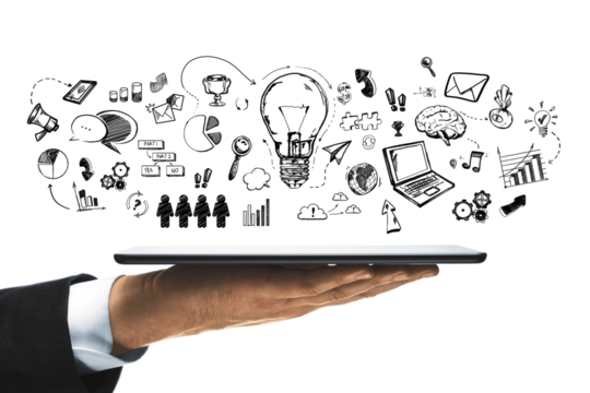 A hand holding a tablet with a variety of doodle drawings representing ideas and concepts floating above it, on a white background