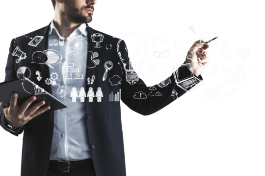 A businessman using a tablet with hand-drawn icons and symbols floating around, against a white background, concept of technology and business - Powered by Adobe