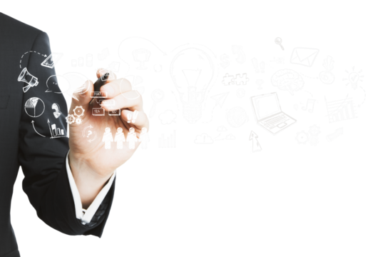 A person in a suit writing on a transparent screen with various business and strategy icons, on a white background, concept of planning and organization