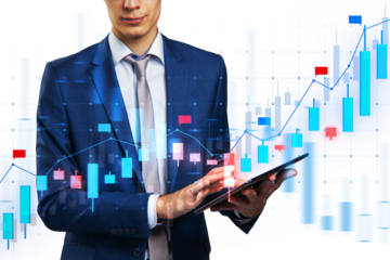 A businessman analyzing financial graphs on a tablet, superimposed on a dynamic stock market chart, with a white background