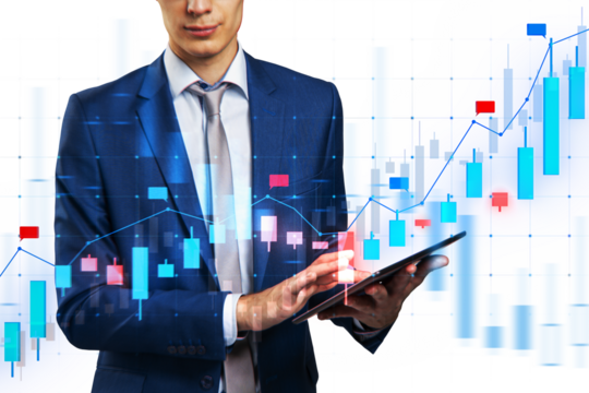 A businessman analyzing financial graphs on a tablet, superimposed on a dynamic stock market chart, with a white background