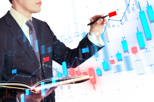 A businessman analyzing financial trends with digital graphs overlaid, concept of market analysis on a light background
