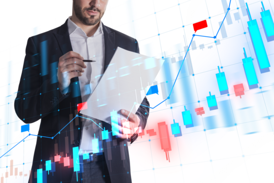 A man in a suit interacting with a transparent futuristic interface showing financial charts, overlaid on a white background