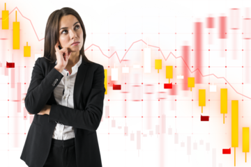 A businesswoman pondering in front of a stock market chart background, illustrating financial analysis or decision-making concept