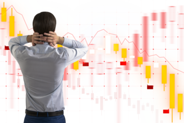 A businessman from behind looking at stock market graph trends on a blurred background, illustrating analysis concept