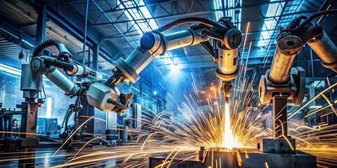 Industrial robotic arms engaged in precision welding, with sparks flying