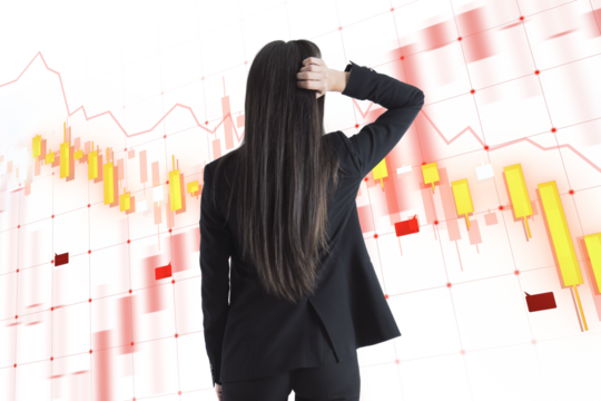 Person looks at financial charts on a transparent digital interface, concept of business analysis