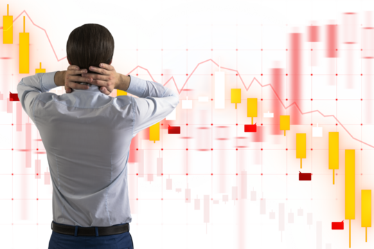 A businessman from behind looking at stock market graph trends on a blurred background, illustrating analysis concept - Powered by Adobe