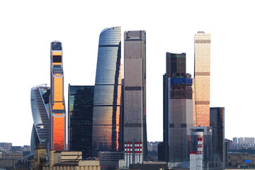 Moscow city skyline, skyscrapers isolated on white background, depicting urban architecture and the...