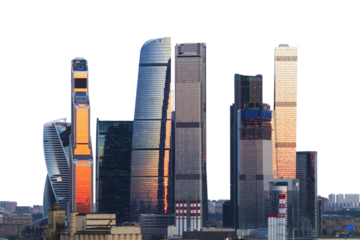 Moscow city skyline, skyscrapers isolated on white background, depicting urban architecture and the concept of a modern metropolis
