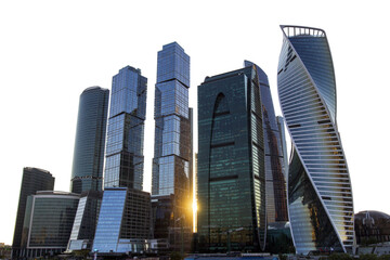 Fototapeta premium Moscow city skyline with skyscrapers against a clear sky at sunset, showing a mix of modern architecture