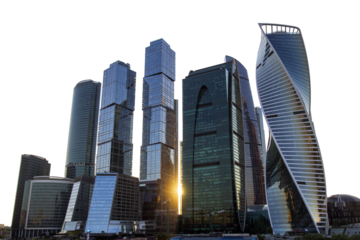 Moscow city skyline with skyscrapers against a clear sky at sunset, showing a mix of modern architecture