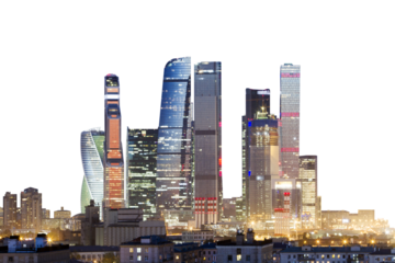 Moscow city skyline at dusk with skyscrapers and illuminated buildings on a white background, representing an urban landscape