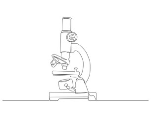 Continuous one line drawing of microscope. One line drawing illustration of microscope laboratory. Research and science, microbiology concept line art. Editable outline.