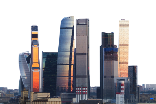 Moscow city skyline, skyscrapers isolated on white background, depicting urban architecture and the concept of a modern metropolis